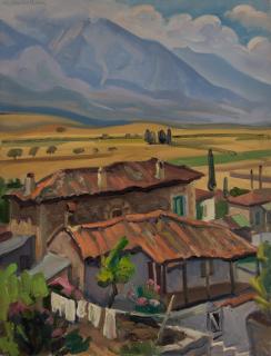 Makrinitsa Evening with Rain from My House — Oil painting, Canvas, 50.00×65.00cm — Theodoros Markellos